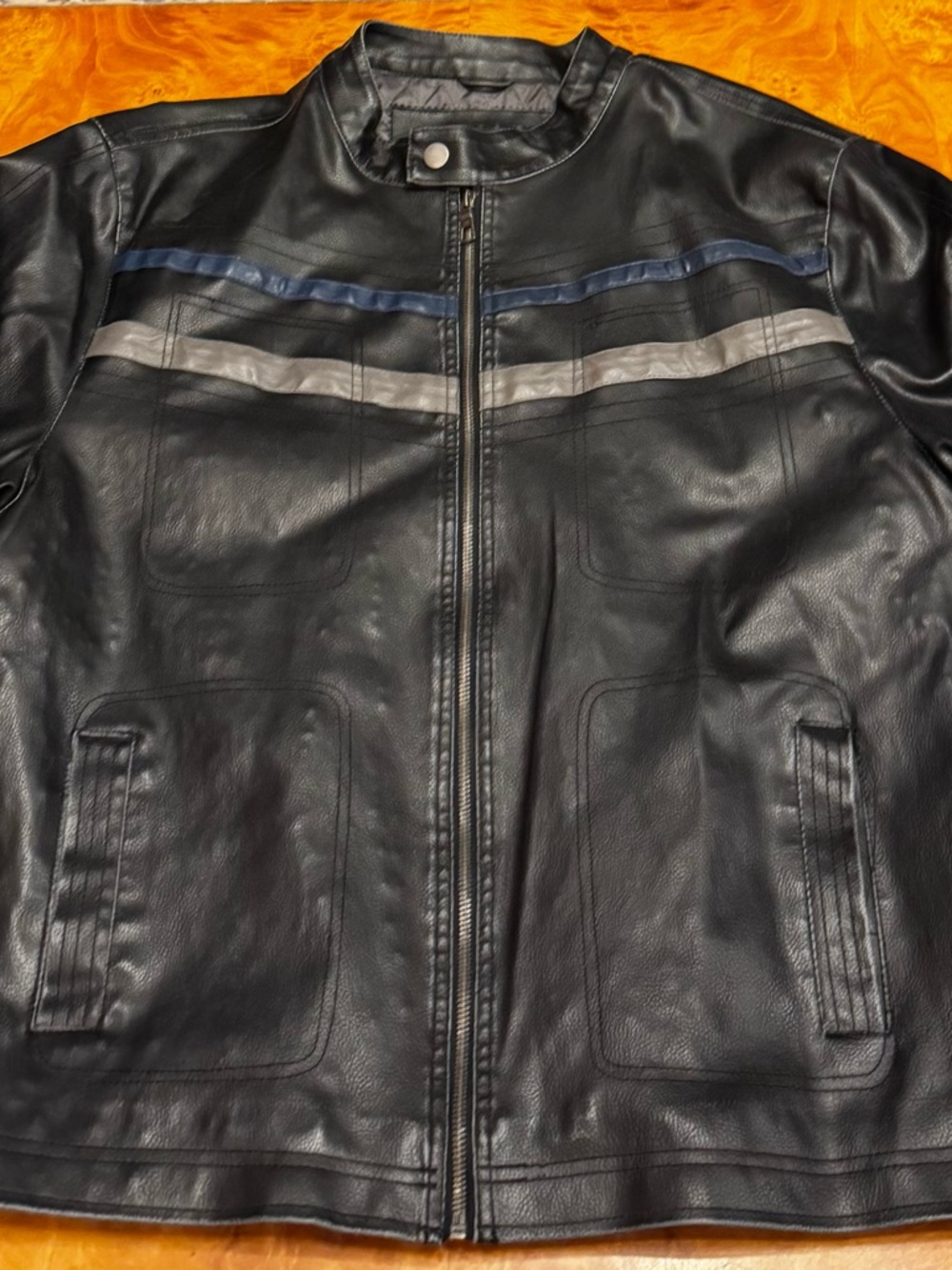 Men's Black Faux Leather Field Jacket with Blue & Gray Stripes